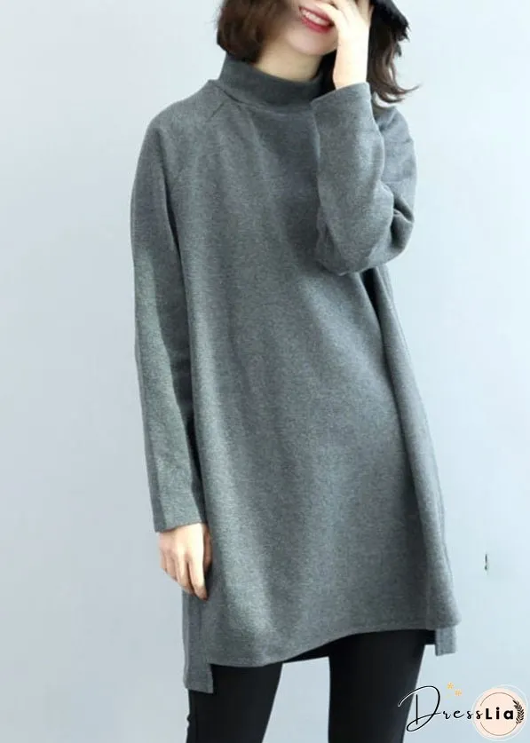 Plus Size Camel High Neck Side Open Warm Cotton Tops Winter