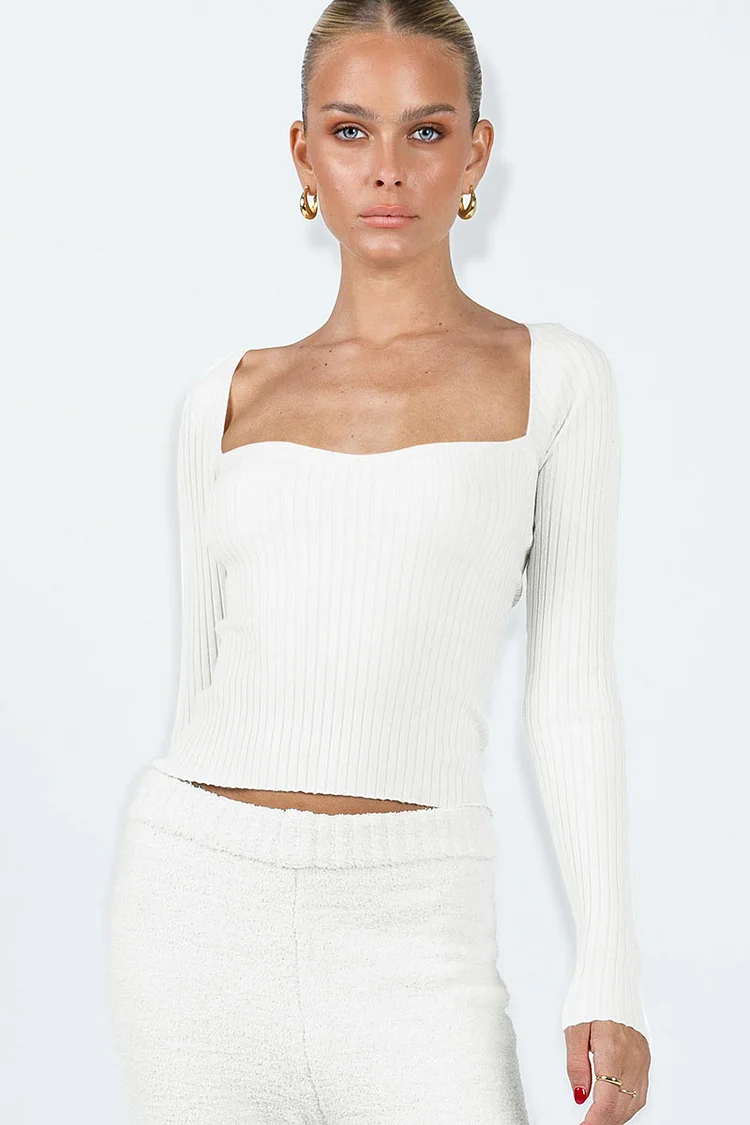 Pleated Knit Irregular Neck Long Sleeve Plain Crop Top