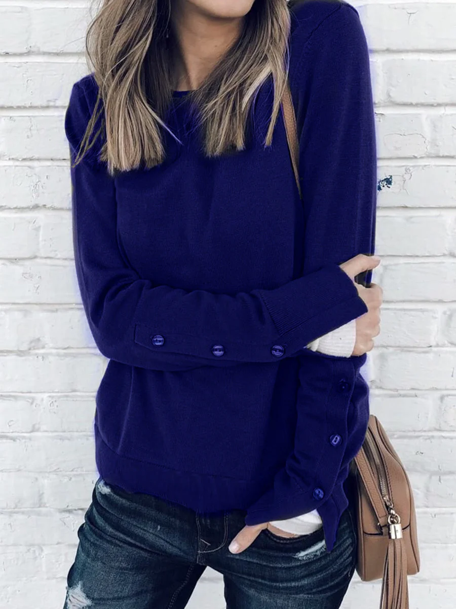Round Neck Buttons Cuff Solid Color Sweatshirt