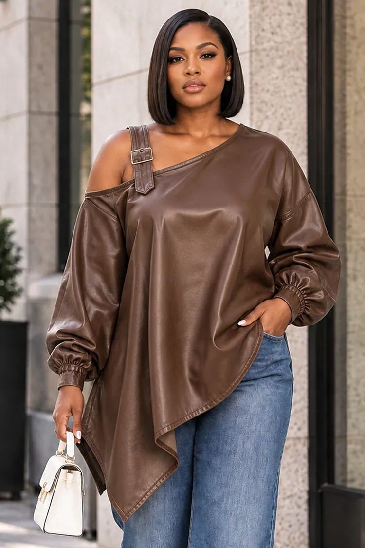 Xpluswear Design Plus Size Daily Brown Cold Shoulder Long Sleeve Asymmetric Hem Irregular Hem PU Leather Blouses [Pre-Order] 2024 - Xpluswear