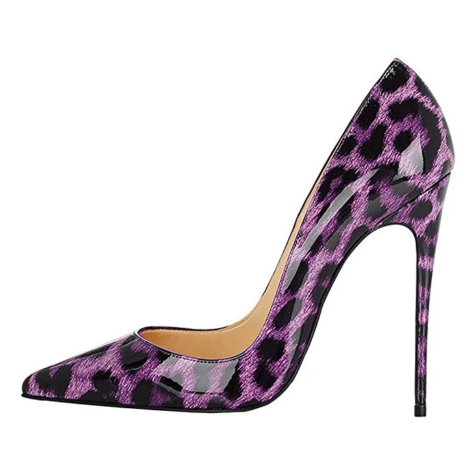 Purple Leopard Print Pointy Toe Patent Leather Pumps by VDCOO Vdcoo