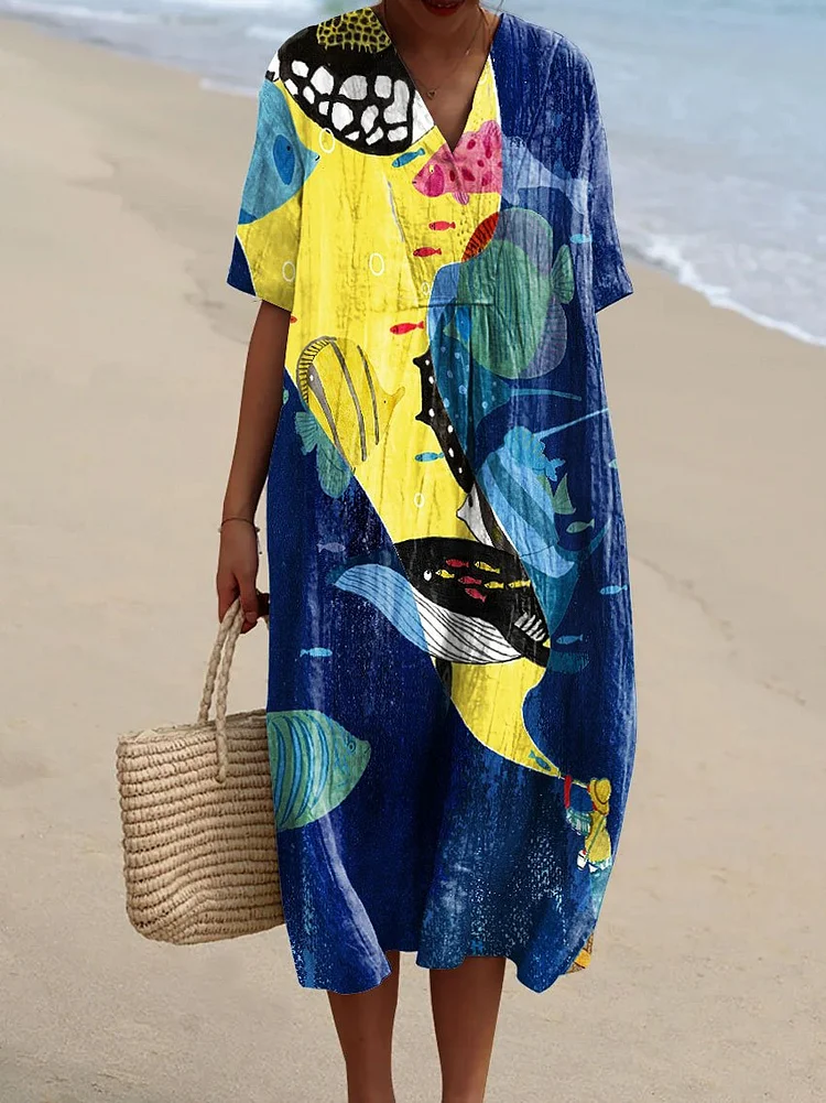 Women's Vintage Abstract Fish Art Print Flowy Dress