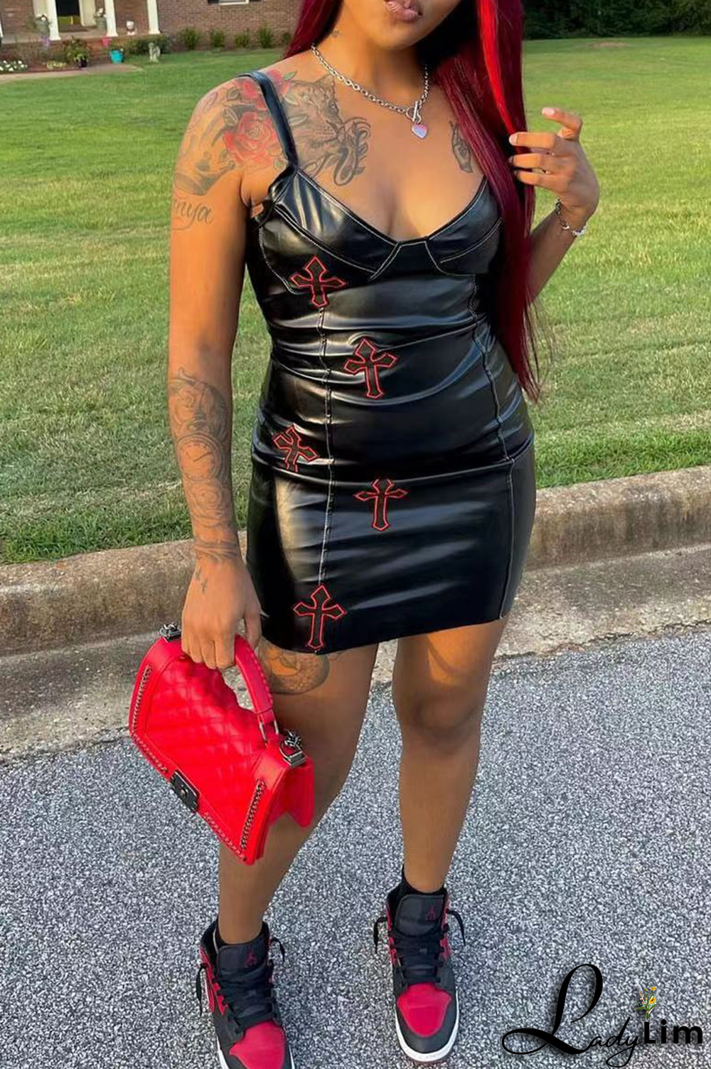 Black Sexy Character Patchwork Spaghetti Strap Pencil Skirt Dresses