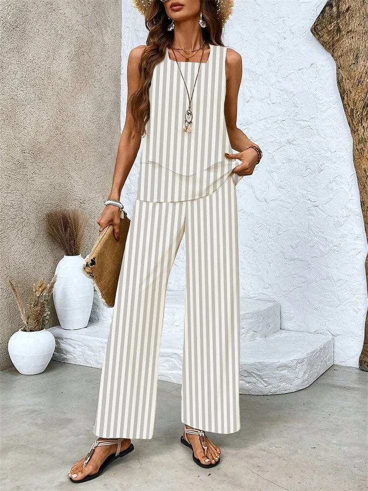 Women's Sleeveless Square Collar Striped Graphic Printed Casual Set