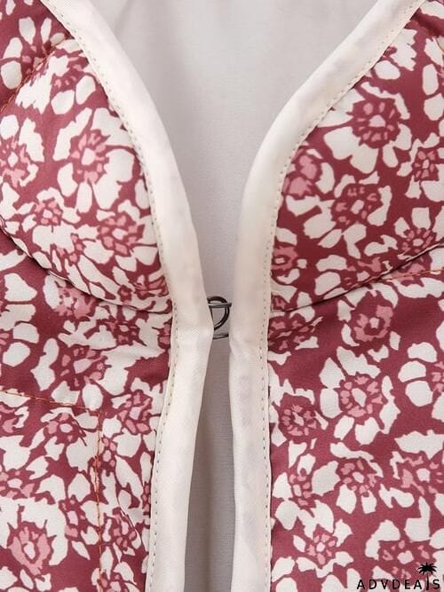 Floral Open Front Puffer Jacket with Pockets