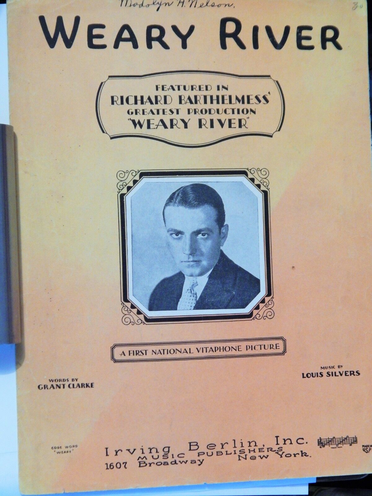 SHEET MUSIC 1929 WEARY RIVER