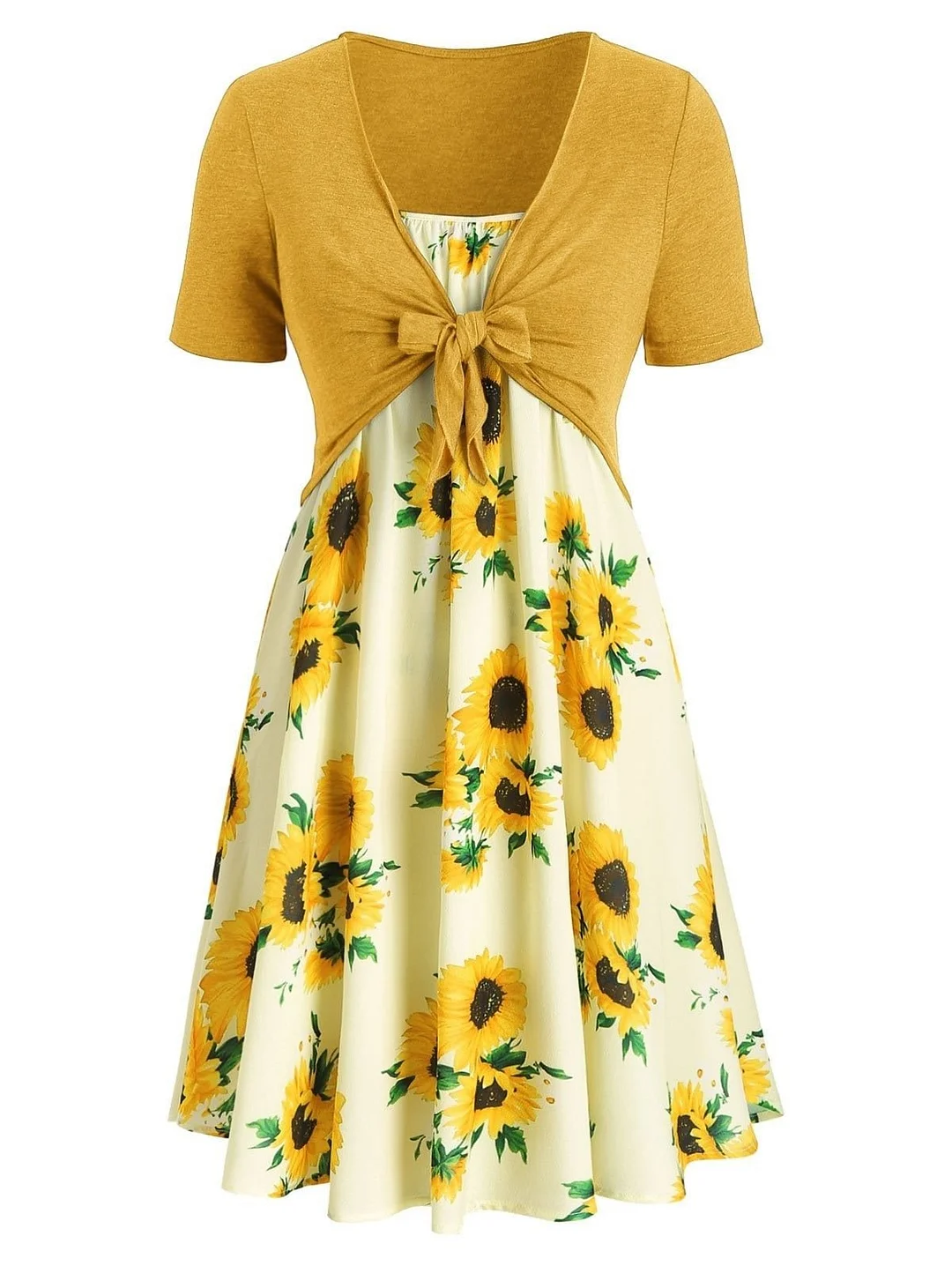 Sunflower Dresses with Wrap Shirt Short Sleeve V-Neck Bowknot Dress Sets