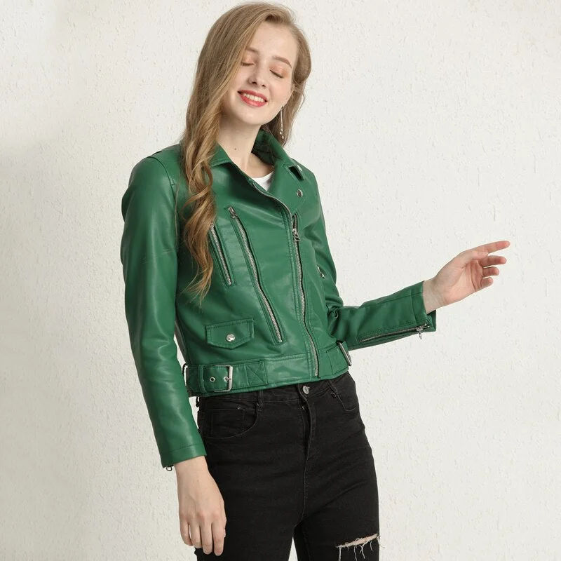 FTLZZ New Autumn Women Faux Leather Jackets Zipper Turn-down Collar Basic Coat Faux Soft Pu Motorcycle Green Black Red Outwear