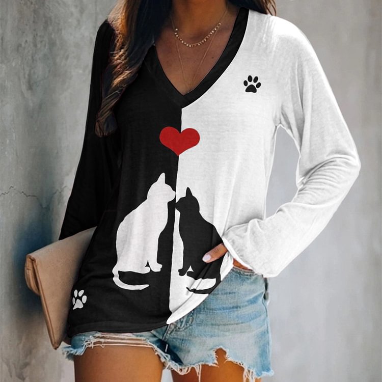 Vefave Casual V Neck Colorblock Cat Print T-Shirt