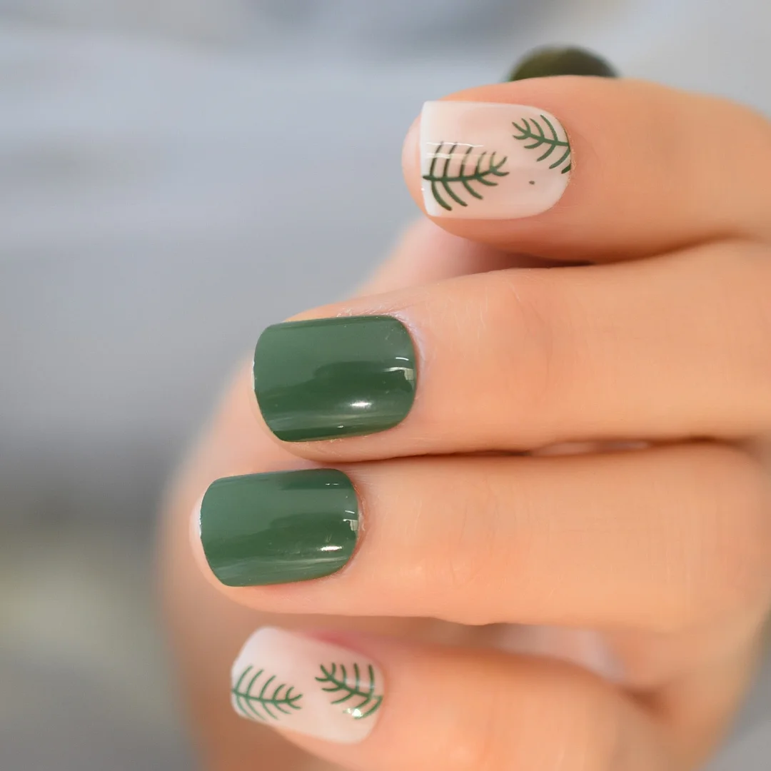 Dark Green False Nail Short Conifer Tree Form Nail French Designs For Sticking On Round Cream Nail Tips-Nail Inspo