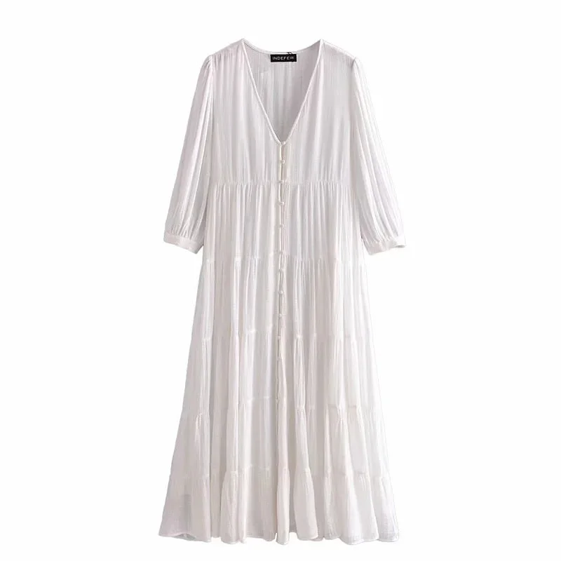 Za Summer Women's Dresses Oversize Midi Dress Button V neck Long Sleeves Loose Female High Waist Vestidos Patchwork Casual 2021