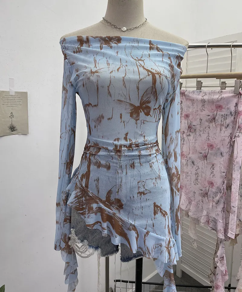 Brownm Purely Want A Word Shoulder Ink Print Tie-Dye Mesh Long-Sleeved Shirt Irregular Lotus Leaf Side Top 9936