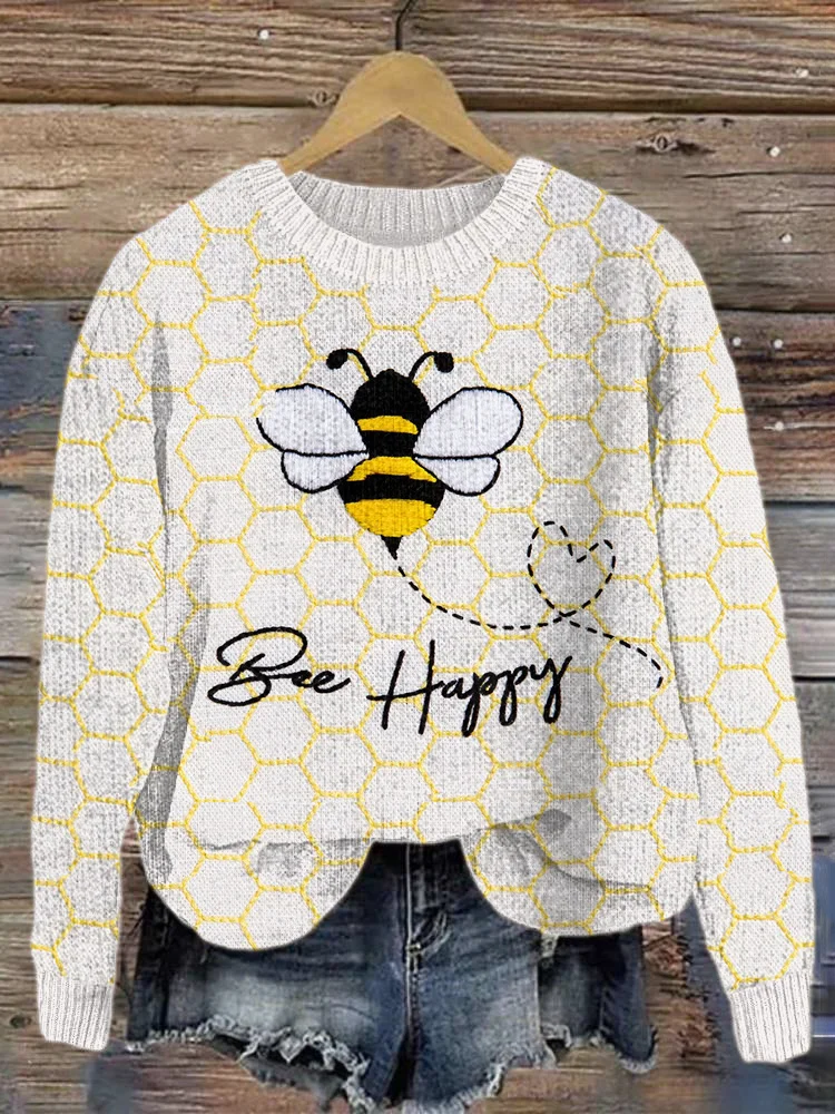 Comstylish Bee Embroidery Pattern Cozy Knit Sweater