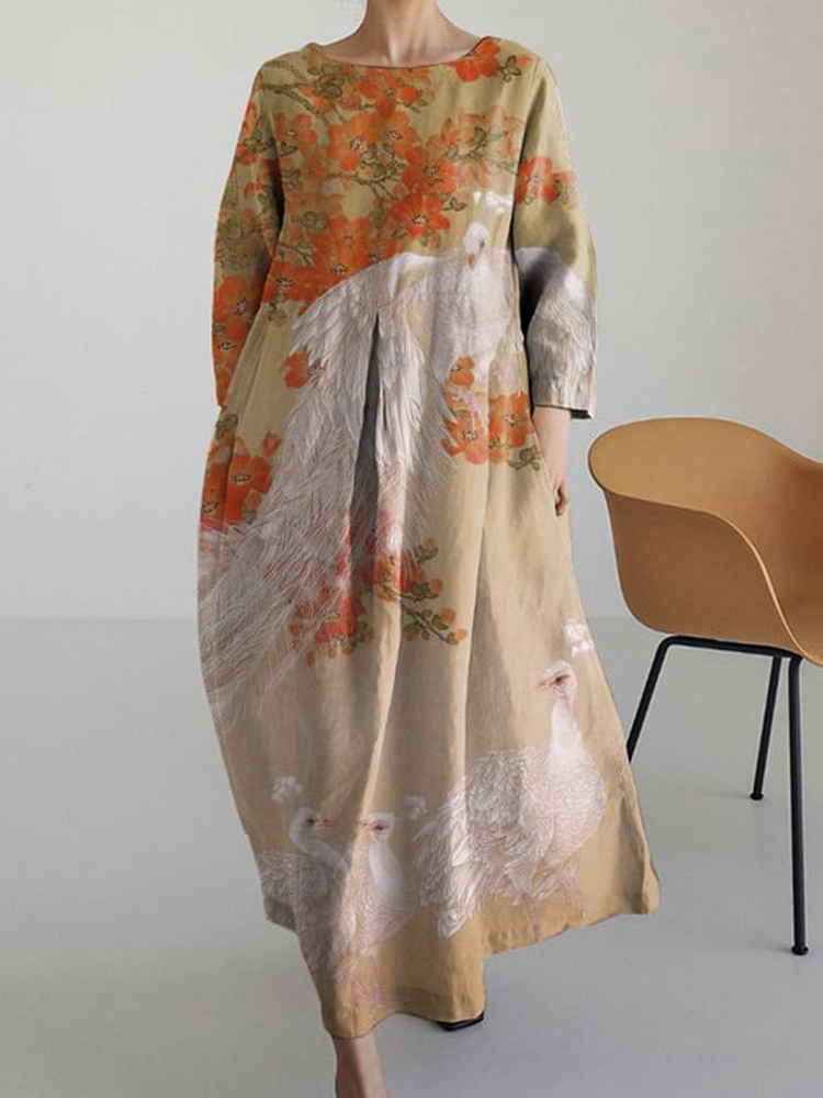 Comstylish Japanese Retro Peacock Art Vintage Long Sleeve Midi Dress