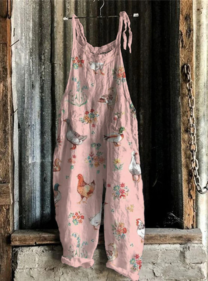Women's Cute Print Linen Blend Casual Jumpsuit