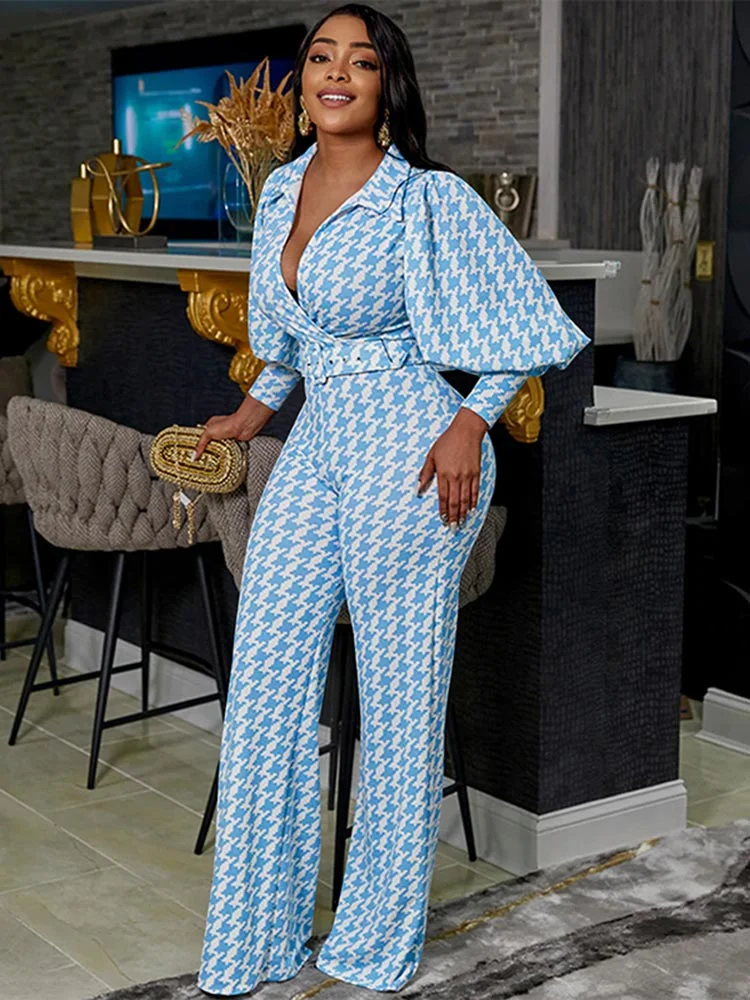 Sonicelife 2023 Autumn New Fall Outfits Two Pieces Set Women Print Lantern Sleeve Shirt Wide Leg Trouser Suits Elegant Slim Top Pants Set Casual Outfits