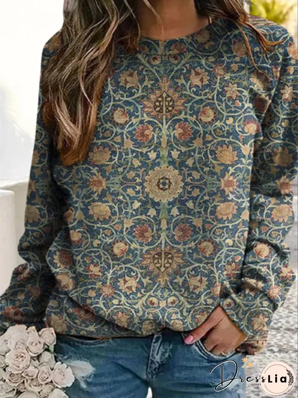 Casual Long Sleeve Crew Neck Ethnic Loose Sweatshirts