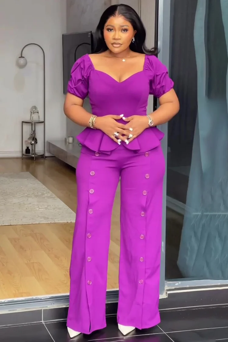 Puff Sleeve Peplum Top Button Up Wide Leg Pants 2pcs Set-Purple [Pre Order]