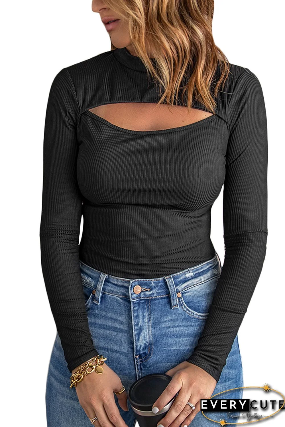 Black Cutout Mock Neck Ribbed Knit Top