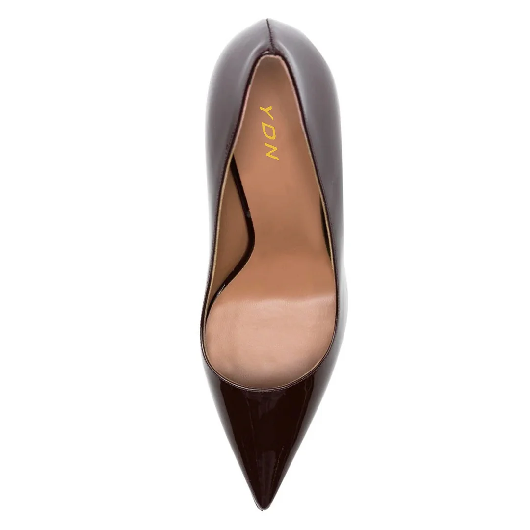 Brown Patent Leather Pointed Toe Elegant Pumps with Flared Heels