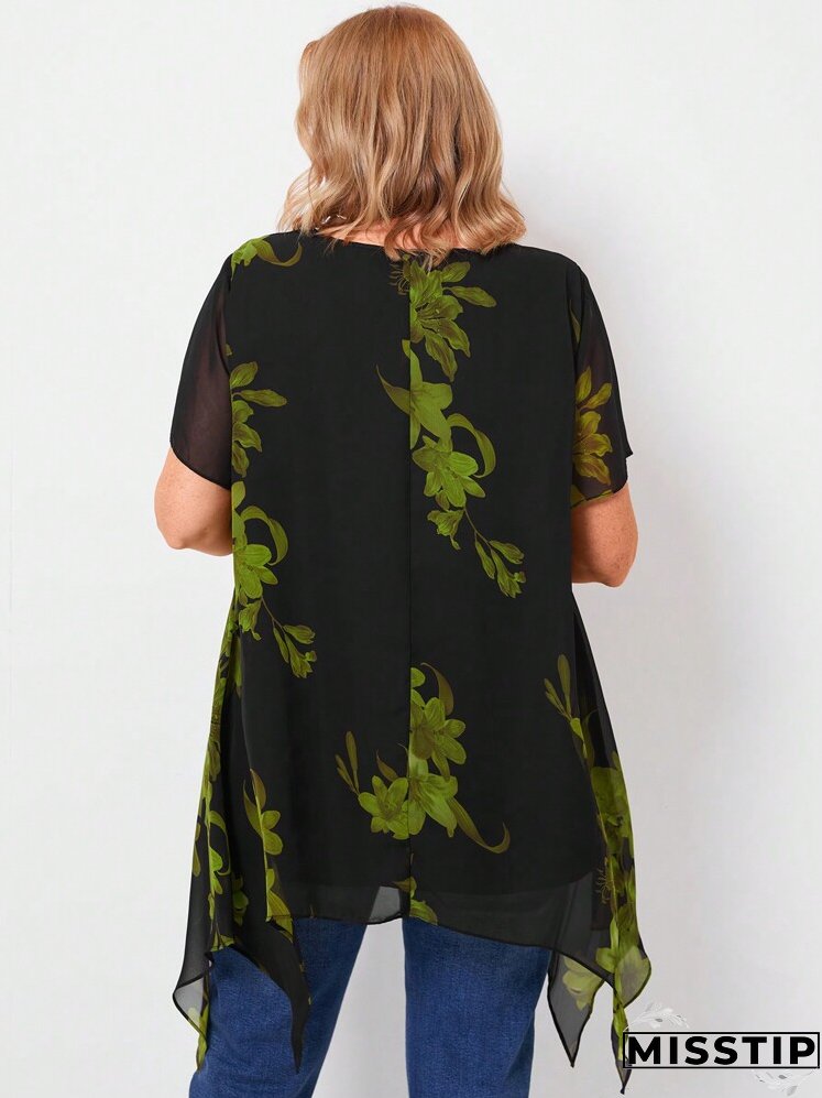 Plus Size Women Summer Cross Neck Florals Print Ruffled Short Sleeve Loose Elegant Blouse