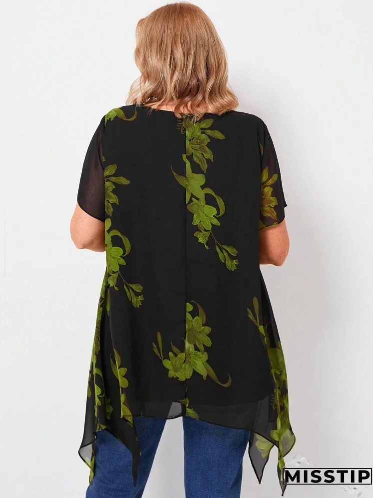 Plus Size Women Summer Cross Neck Florals Print Ruffled Short Sleeve Loose Elegant Blouse