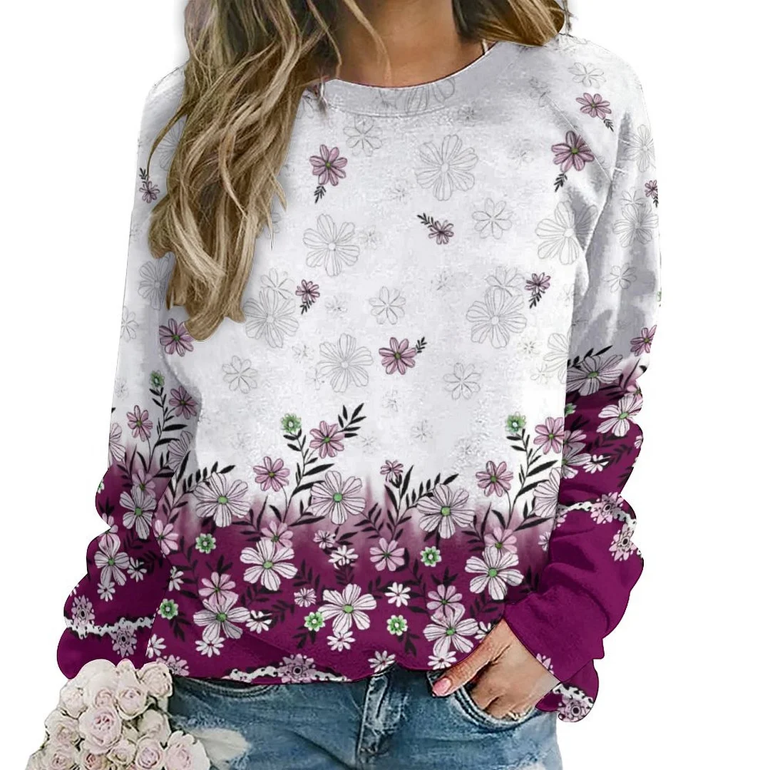 Printed Long Sleeve Casual Sweatshirt for  Women and Men Unisex Pattern Floral, Wine Red
