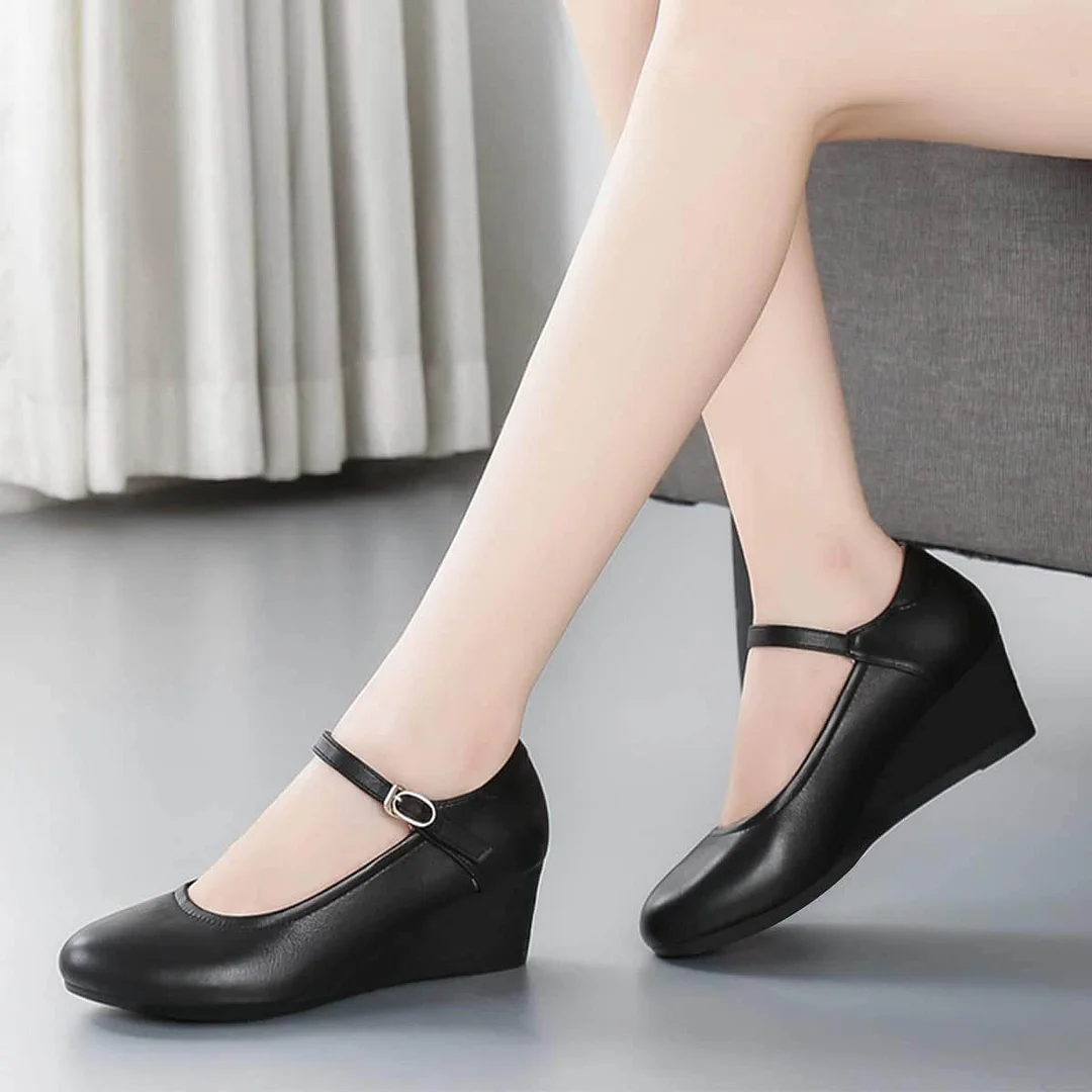Women's Black Vegan Leather Round Toe Buckle Vamp Strap Wedge Pumps