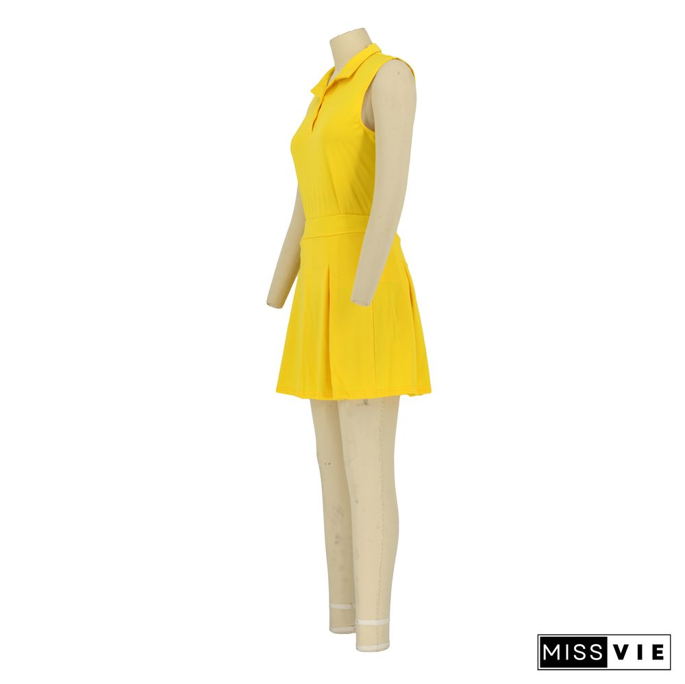 Sleeveless Pullover Polo Tops Pleated Skirt Suits