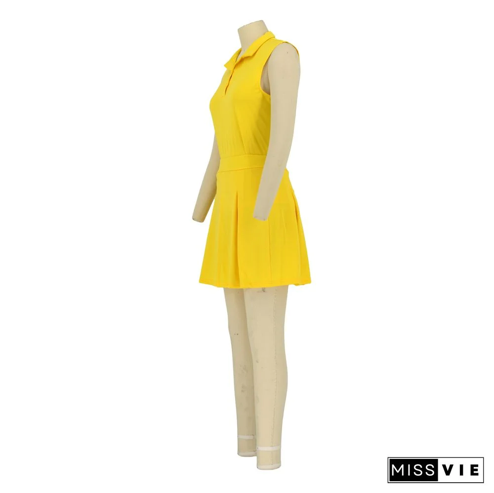 Sleeveless Pullover Polo Tops Pleated Skirt Suits