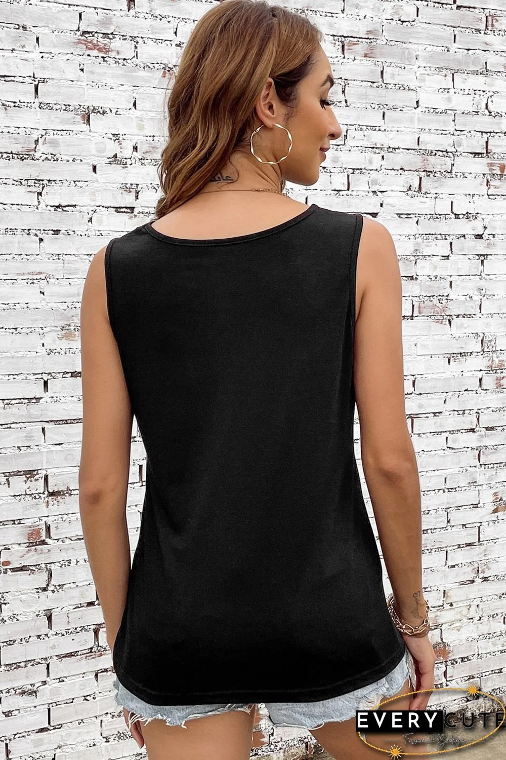 Black Laser Cut Slits Twist Front Tank Top