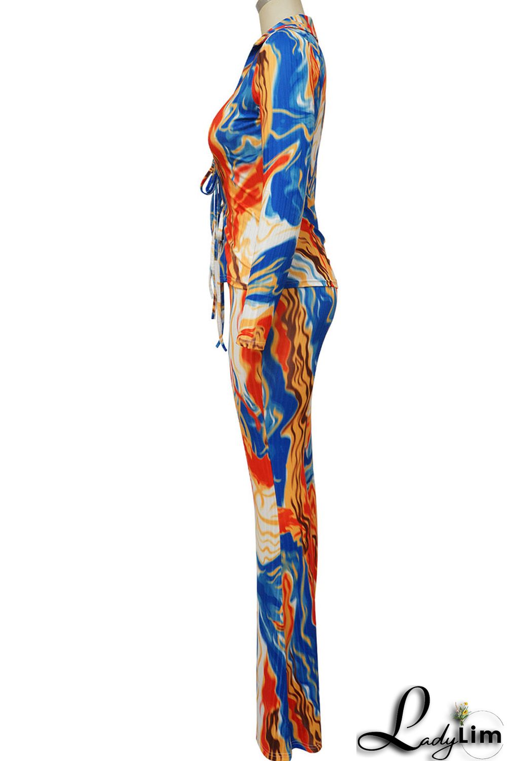 Blue Sexy Print Bandage Patchwork Turndown Collar Long Sleeve Two Pieces