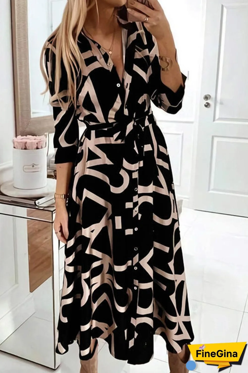 Color Block Shirt Collar X-line Dress