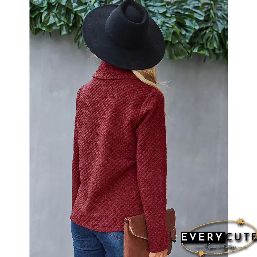 Wine Red Button Detail High Collar Sweatshirt