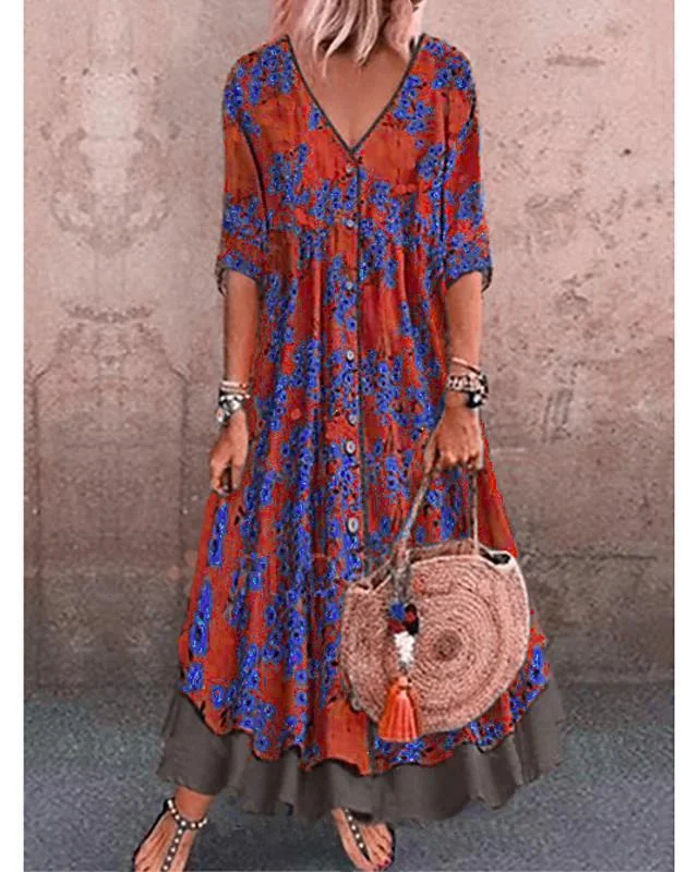 Women's A-Line Dress Maxi Long Dress - Half Sleeve Floral Layered Button Print Spring & Summer Deep V Hot Casual Holiday Vacation Dresses Loose Red Green Gray