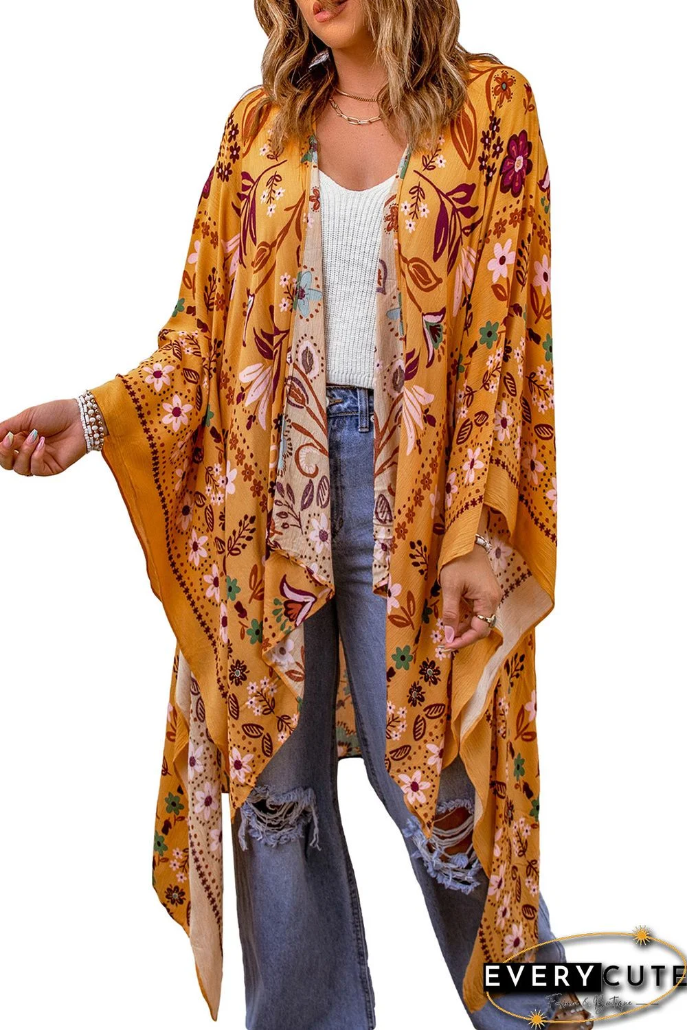 Orange Floral Print Bell Sleeve Open Front Kimono