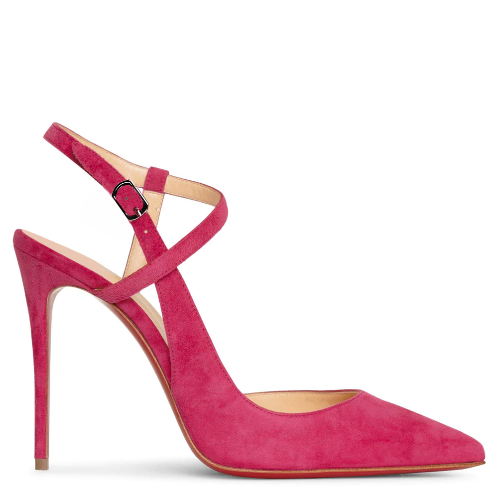 100mm Women Slingback Suede Pumps Ankle Strap Jenlove Stiletto Mid Heel Close Pointed Toe Dress Red Bottoms Shoes VOCOSI James Yang