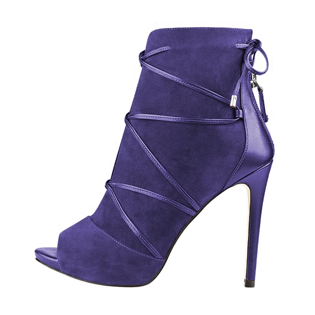 Blue Faux Suede Peep Toe Back-Zip Stiletto Heel Bow Ankle Booties