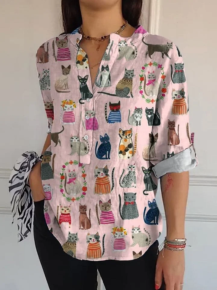 Cartoon Cat Repeat Pattern Printed Women's Casual Long Sleeve Comfortable Cotton Shirt