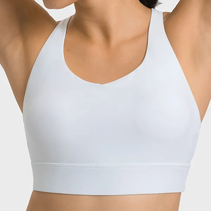 Buy disperse stress multi criss cross straps push-up high impact activewear workout bra with removable pads of high quality on Hergymclothing White