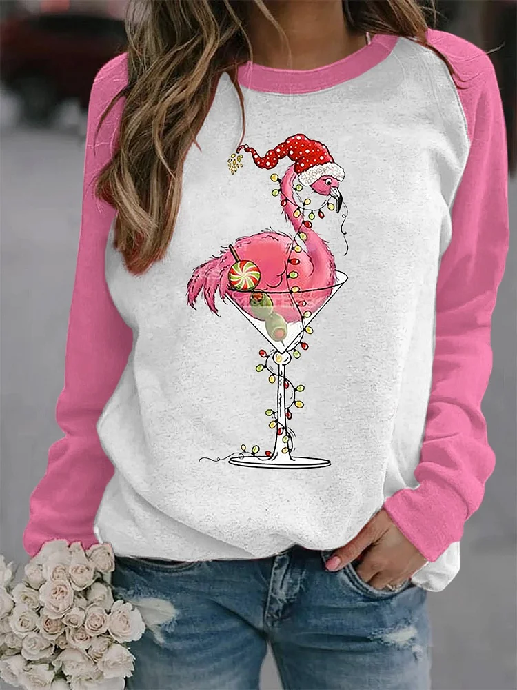 Women's Merry Christmas   Flamingo Fun Print Long Sleeve Top
