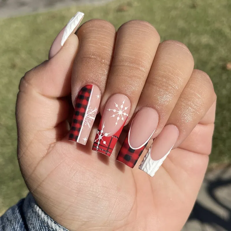Churchf Ballet Red And White Christmas Relief Fake Nails New Year Plaid French New Wear Armour Piece
