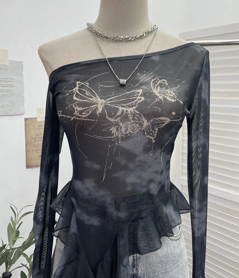 Uveng Millennial Y2k Babes Oblique Shoulder Thin Mesh Print Top Irregular Lotus Leaf Side Ribbon Short T-Shirt 6608