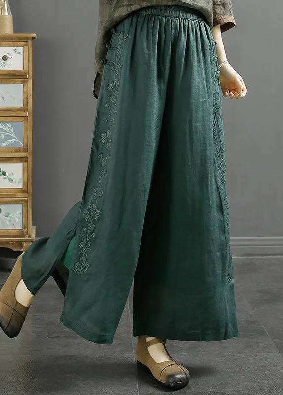 Chic Blackish Green Embroideried Side Open Linen Crop Pants Spring