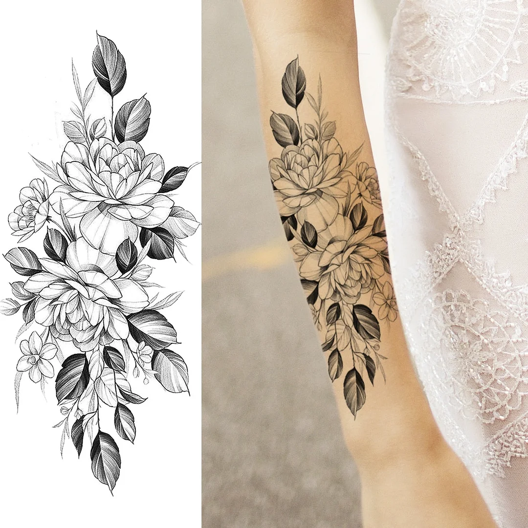 Black Rose Flower Snake Temporary Tattoos For Women Adult Peony Serpent Fake Tattoo Forearm Body Art Painting Waterproof Tatoos
