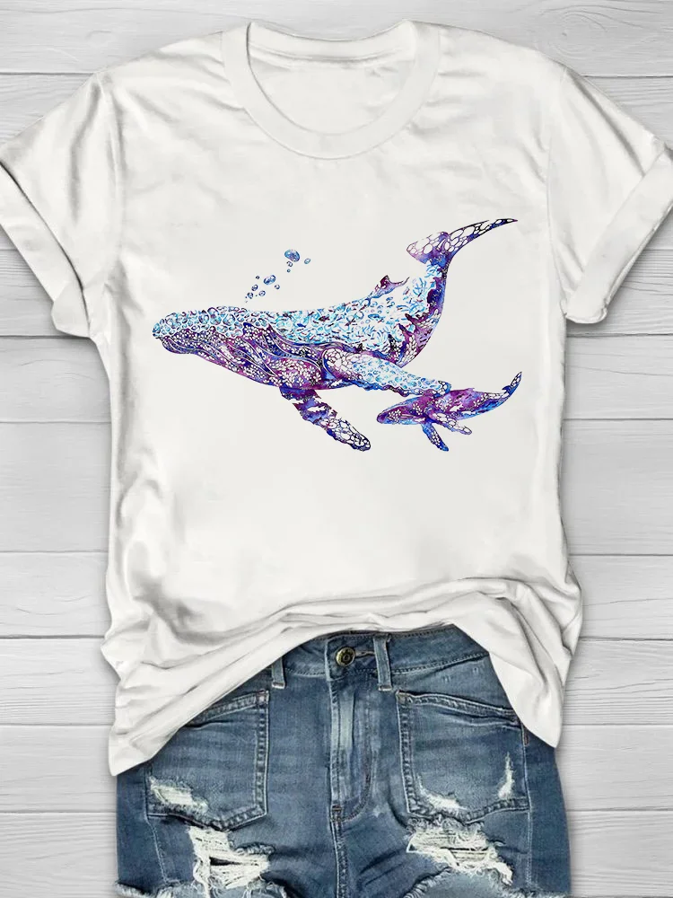 Ocean Whale Printed Crew Neck Women's T-shirt
