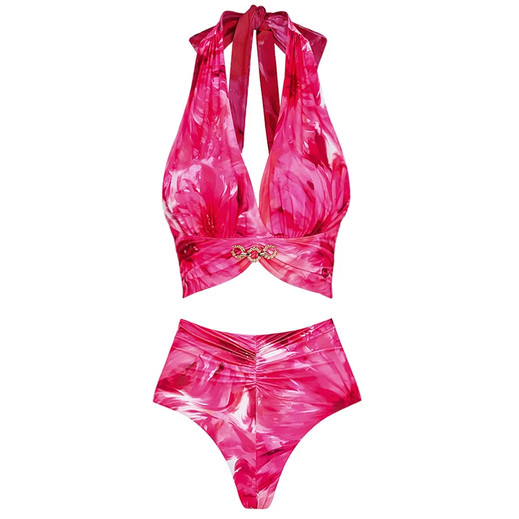 Floral Printed Halter Bikini Swimsuit and Skirt 