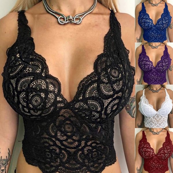 Women Fashion V-neck Sheer Tops Lace Floral Bralette Solid Color Slim Fit Top Bra - Shop Trendy Women's Fashion | TeeYours
