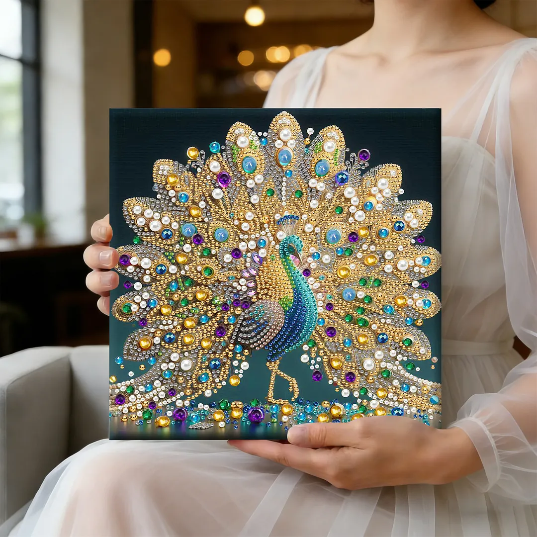 Peacock DIY Art Craft Pearl Diamond Painting with Frame 9.84x9.84in Diamond Art Pearl Painting Kit for Adults Beginners Gift Idea Home Wall Decor