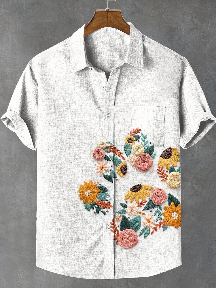 Men's Boho Floral Dog Paw Embroidery Print Linen Blend Shirt